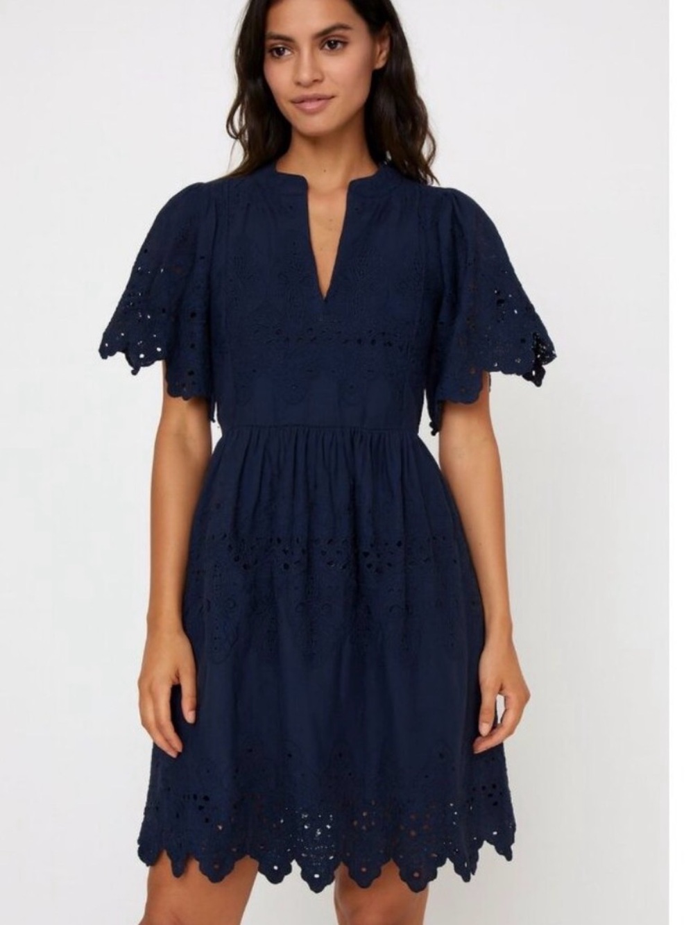 Eyelet Flutter-Sleeve Midi Dress in Navy